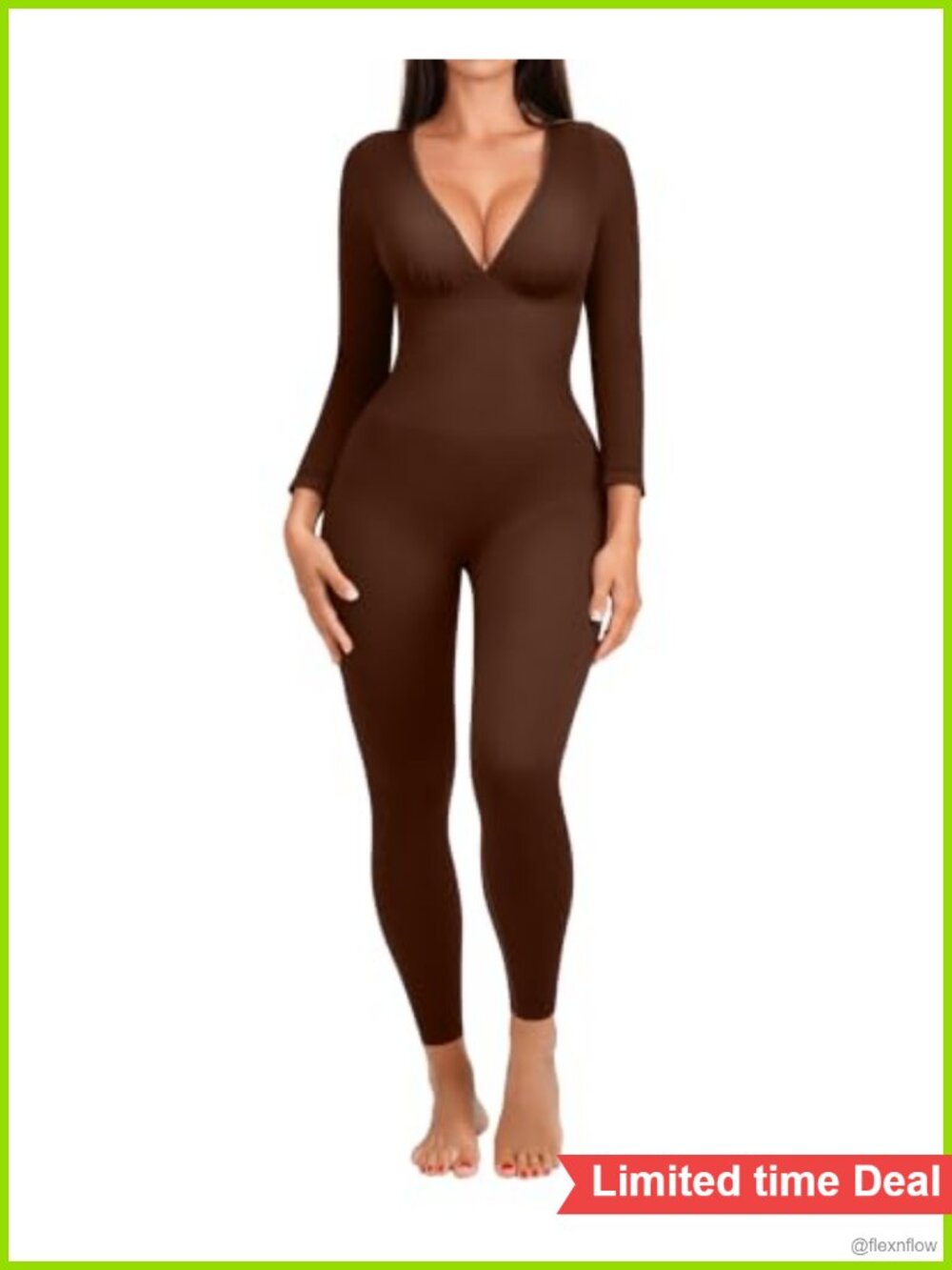 Long Sleeve V-Neck Bodycon Jumpsuit with Tummy Control